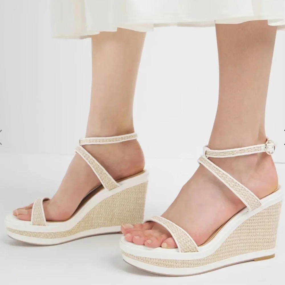 White House Black Market Woven Wedge Sandals - Cream and Tan
